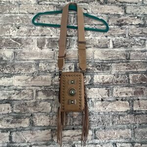 Montana West Brown/Tan Turquoise Accents Fringe Handbag, Adjustable Strap NEW